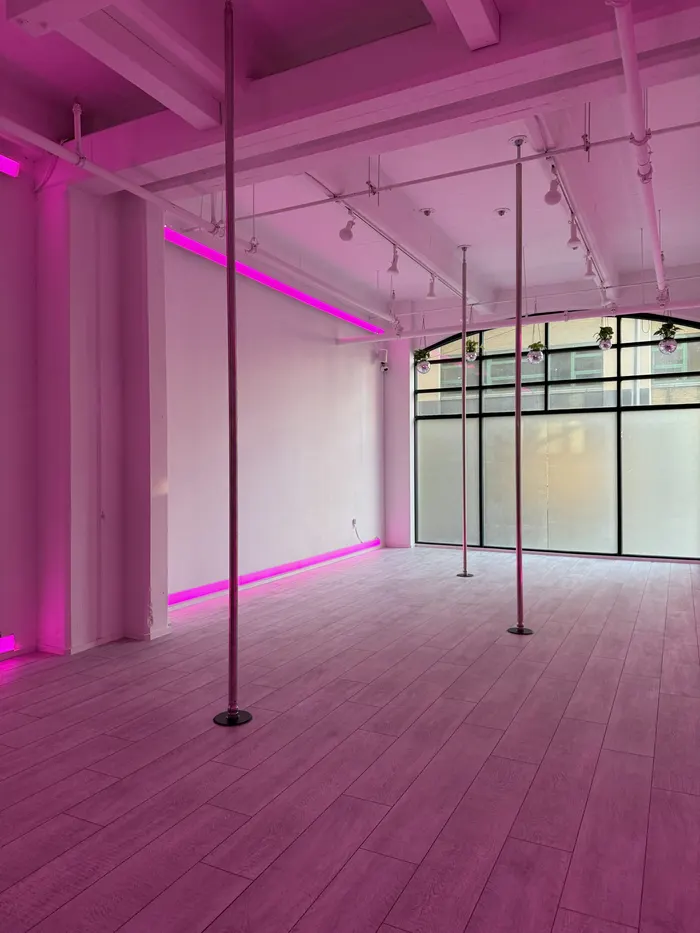 The DUMBO Den lit pink, with floor-to-ceiling windows behind the poles